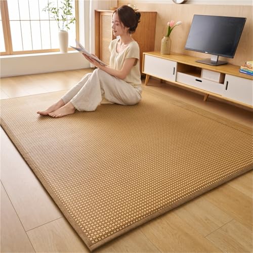 GUOIOOI Esterilla de Tatami Japonesa Tradicional de bambú y ratán, colchón futón japonés Enrollable, Esterilla Gigante de Espuma viscoelástica for meditación y Juego Zen.(Light Brown,150x200cm)