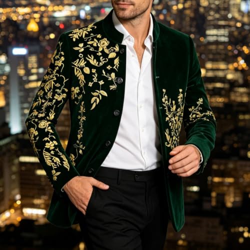 DAMANGUAN Men's Black Velvet Blazer with Gold Floral Embroidery, Slim Fit Suit Jacket for Wedding, Party, Banquet, Prom (US, Alpha, 3X-Large, Regular, Regular, Greenish Yellow) - image 3