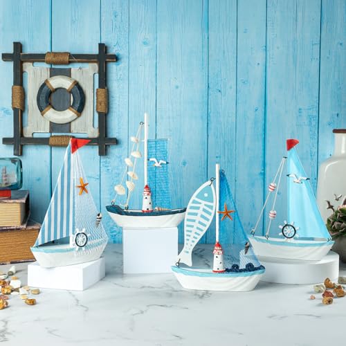 Image of Wooden Decorative Sailboat Nautical Model Showpiece - 15x4x22 cm | Miniature Sailing Boat Showpiece for Home Decor, Cafe, Office & Table Desk Decoration | Light Blue Border-Strip Cloth