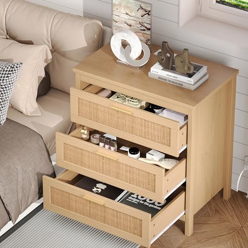 Keehusux Rattan Nightstand with Charging Station, 23.6" Wide Bedside Table with 3 Drawers, Boho Night Stand with Metal Handles, Accent End Table for Bedroom, Guest Room, Natural Keehusux Rattan Nightstand with Charging Station, 23.6" Wide Bedside Table with 3 Drawers, Boho Night Stand with Metal Handles, Accent End Table for Bedroom, Guest Room, Natural