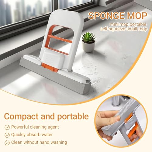 Image of Khedu Fab Mini Foldable Desktop Mop - Portable Cleaning Sponge Mop Handheld Self-Squeeze Sponge Cleaning Tool - Wet and Dry Use Cleaning System for Small Spaces - Bathroom & Kitchen(Pack of 1)