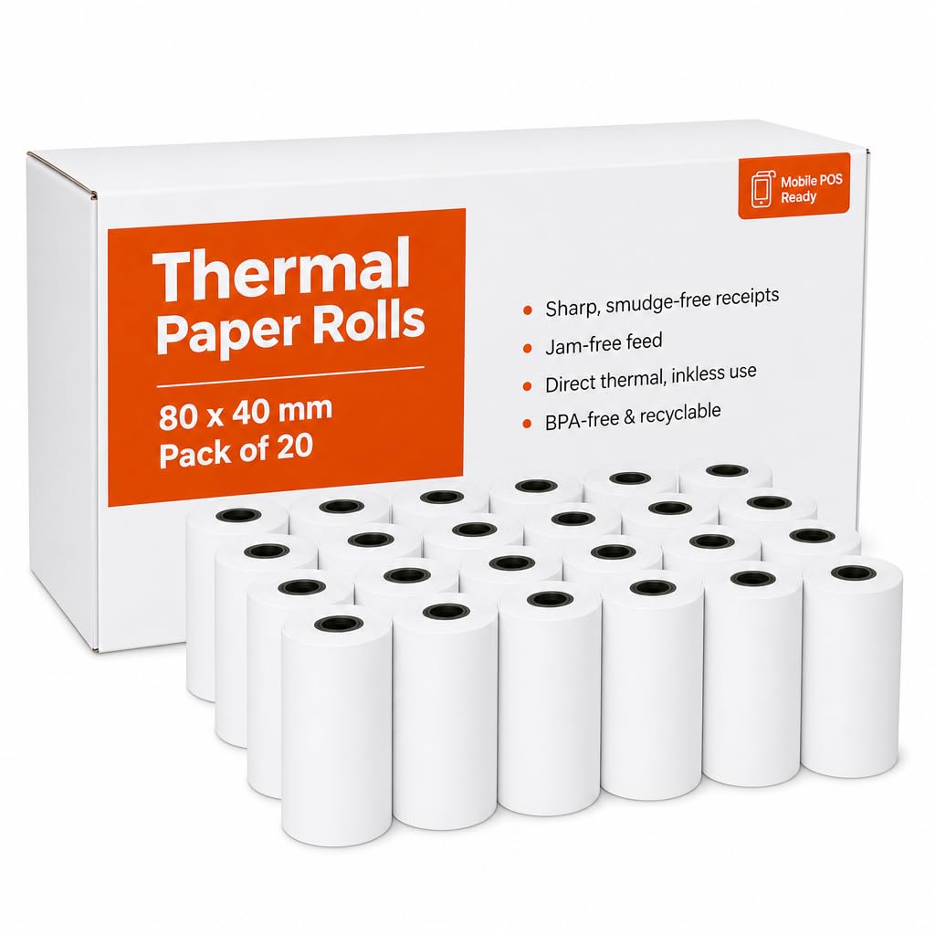 80 x 40mm Thermal Till Rolls Box of 20 - BPA Free PDQ Card Machine Paper