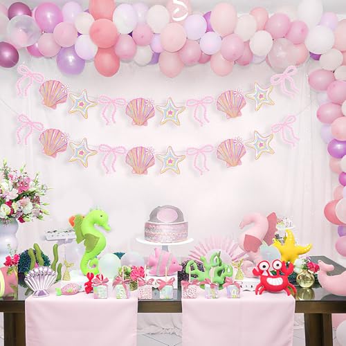 Image of Oudain 2 Pack Pink Bow Seashell Garland for Girl 6.56 ft Pink Mermaid Seashell Party Coquette Ocean Coastal Beach Under The Sea Paper Bow Hanging Banner for Baby Shower Wedding Summer Birthday