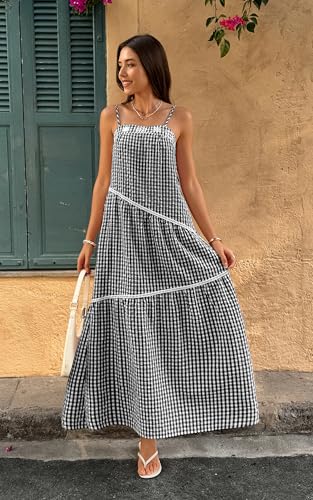 Image of ECOWISH Women Sleeveless Maxi Dress: Summer Spaghetti Strap Casual Loose Boho Beach Dress Asymmetric Tiered Flowy Long Dress