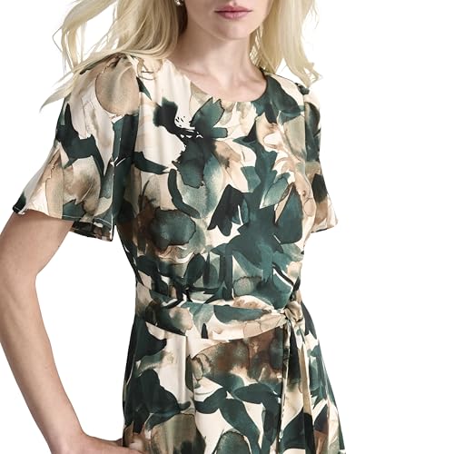 Image of DKNY Women's Flutter Sleeve Round Neck Waist Tie Midi Dress