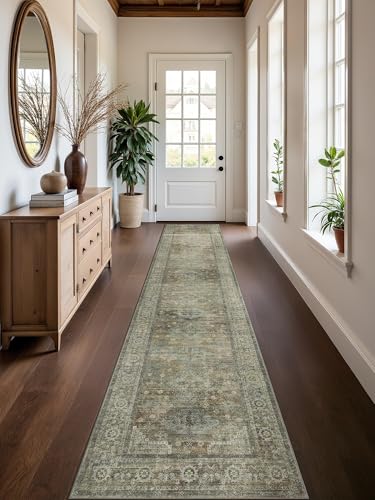 Runner Rug for Hallway Kitchen, 2x12 Machine Washable Runners Rug for Entryway, Soft Modern Boho Throw Rugs, Low Pile Floor Cover with Non Slip Backing, Distressed Light Greyish Sage Green