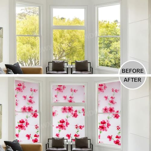 Image of Premium Vinyl Privacy Stained Window Glass Sticker (12x25 Inch) - Self-Adhesive Decorative Sticker Opaque Tint Wallpaper for Glass Cover Window, Door, Office, Home.| Anti-UV. Pink Floral
