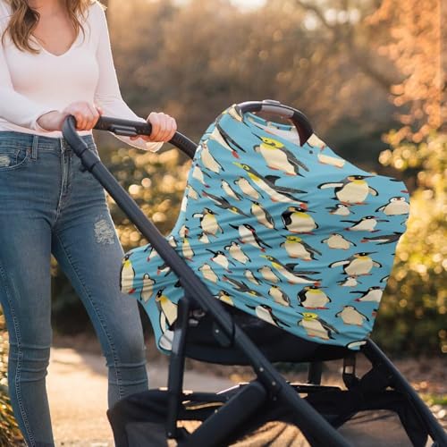 Image of Binienty Funny Penguin Pattern Nursing and Stroller Cover for Sun Protection, Baby Girls Boys Stretchy Multi-Use Breastfeeding Scarf for Moms, Newborn Essentials