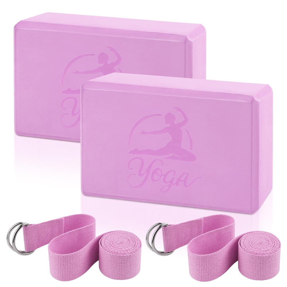 Lot de 2 blocs de yoga et 2 sangles de yoga - Blocs de mousse EVA antidérapants - Briques de yoga haute densité avec sangle de 6 m - Accessoire de yoga sans latex pour pilates