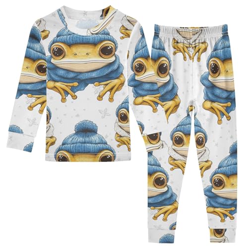 Pajama Sets Long Sleeve Frog Wearing Winter Blue Hat Soft Comfy Sleepwear 2 Piece PJS 3-8T