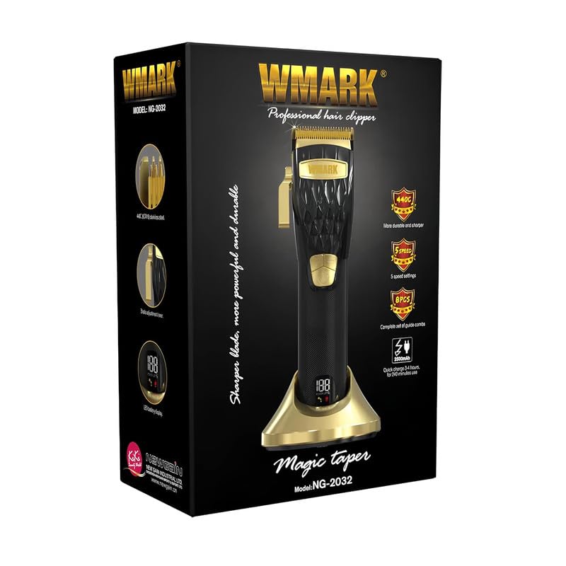 Image of WMARK Ultra Premium Professional 5 Speed Setting Hair Clipper Digital Display 440C 9CR18 Blade Powerful Magnetic Motor 8 Guide Comb Taper Lever Adjustment Charging Pod & Stand Runtime 240 mn, Model 19
