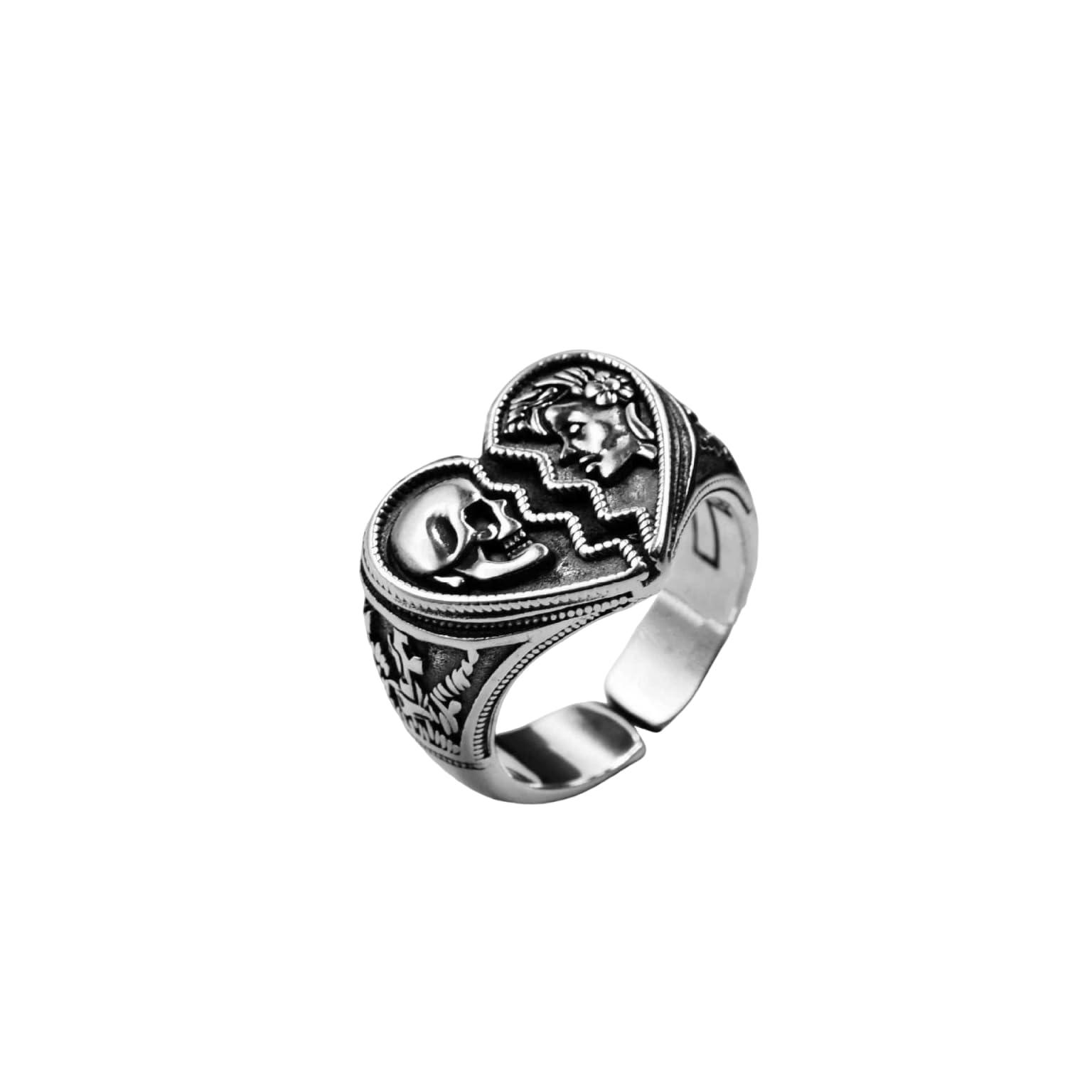 Gothic Skeleton Broken Heart Open Finger Band Ring for Men Women Statement Retro Adjustable Knuckle Skull Head Couple Oxidized Vintage Rings Punk Goth Cool Hip Hop Rock Biker Halloween Party Jewelry