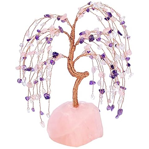 Top Plaza Rose Quartz Crystals Tree Healing Crystal Stones Wrapped on Natural Raw Rose Quartz Stone Base Copper Money Tree Decor Home Decoration Amethyst & Rose Quartz & Clear Quartz Cover