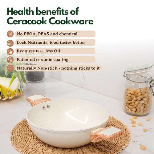 Image of Kreme Ceracook Ceramic Coated Granite Kadai 2.5L /24cm with Glass Lid, Deep Frying Kadhai, ISI Certified, Forged Aluminium, Gas & Induction Use, Non Toxic PFAS & PTFE Free, 1 Yr Warranty, Ivory
