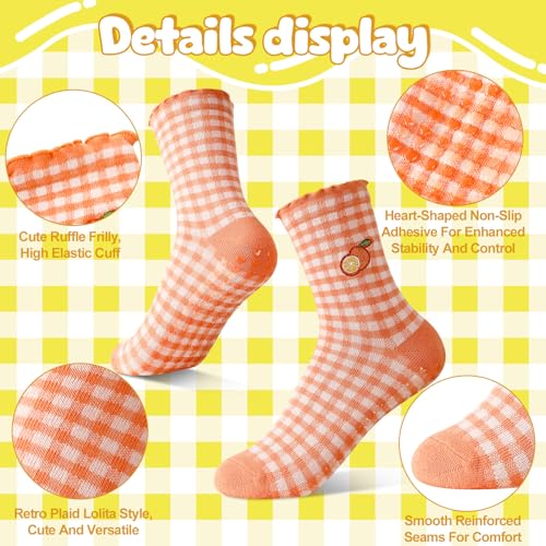 Image of 6 Pairs Cute Pilates Socks with Grips Cute Ruffle Grippy Socks Embroidery Ruffle Striped Frilly Sock for Pilates Barre Ballet Barefoot Workout Hospital US Size 5-8