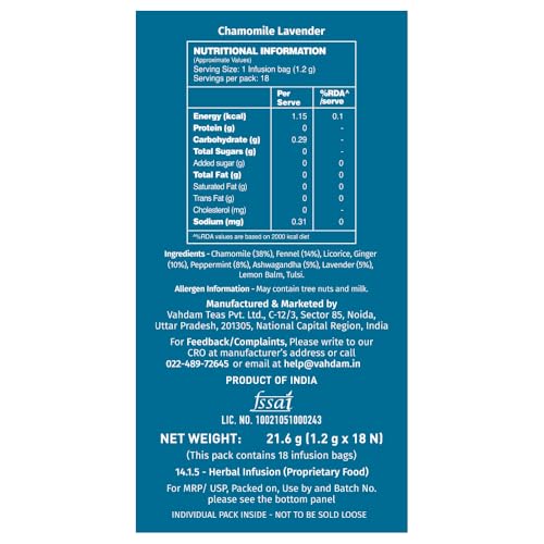 Image of VAHDAM Chamomile Lavender Herbal Infusion - 36 TB | Supports Calm & Restful Sleep | Non-Habit Forming | 8-Herb Caffeine Free Bedtime Tea | With Ashwagandha, Peppermint & Lemon Balm