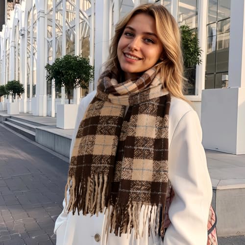 Women's Winter Scarf, Fashion Plaid Blanket Scarves with Fringe, Long Soft Scarf Shawl Wraps4
