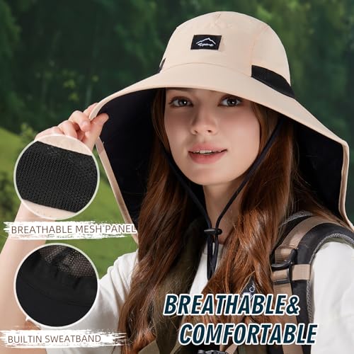 Image of Rosoz Outdoor Sun Hat for Men Women, UPF50+ Protection Safari Cap Wide Brim Mesh Fishing Hat with Neck Flap Beach Garden