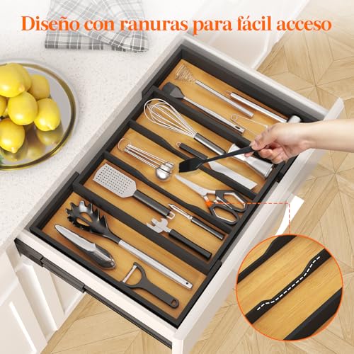 Lifewit Cuchillos Drawer Organizer de Bambu, Grande Porta Utensilios de Cocina Extensible, Soporte Herramientas Pequeña/Cucharas/Cuberteros, Almacenaje Encimera/Casa/Despensa, Natural y Negro - imagen 4