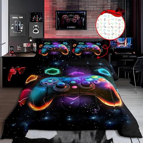 Erosebridal Game Consoles Boys Comforter Sets Twin Gamer Gifts Gamer Twin Bedding Sets for Boys Space Glow Geometric Kids Comforter Set Red Green Blue Teal Gaming Room Decor