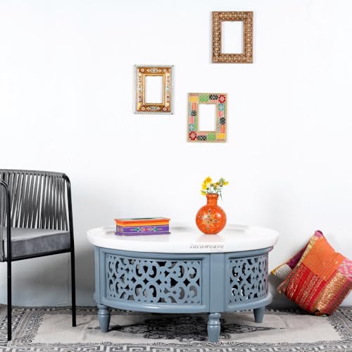 Image of Wooden Carved Coffee Table for Living Room | Center Table for Living Room Furniture | Solid Wood Round Tea Table for Home | Durable & Stylish Coffee Table for Home, Bedroom & Office (Grey)