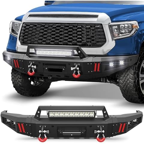 POFENZE Tundra Front Bumper for 2014-2021 Tundra, Textured Black Stainless Steel Pickup Bumper with Winch Plate, 144W Long Light Bar, D-rings and License Plate Bracket Cover