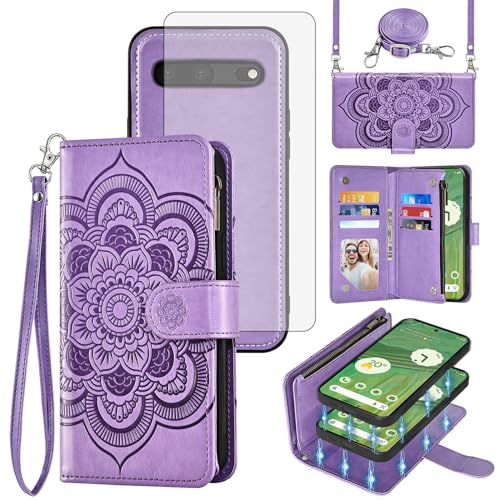 Étui Google Pixel 7 5G Asuwish avec fermeture éclair et bandoulière amovible motif fleurs