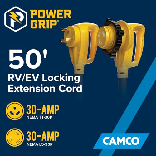 Image of Camco Power Grip 50-Ft 30 Amp RV Extension Cord w / 90 Heads Locking End