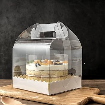 10-Piece Transparent Cake Box 6 Inch Clear Square Plastic Baking Box Transparent Cake Box Clear Cake Gift Box with Handle and Base for Cupcakes Candy Chocolate & Dessert