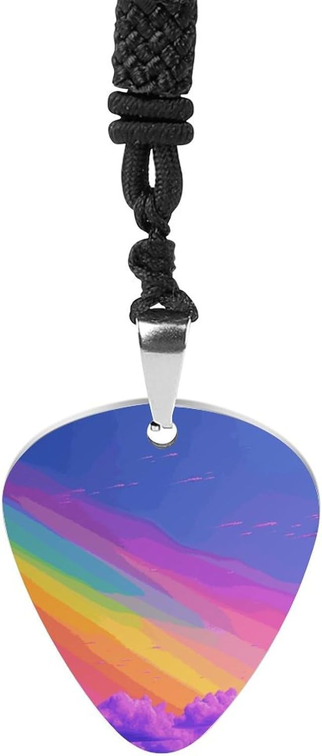 Rainbow Aesthetic Guitar Pick Necklace Personalized Double Sided Print Guitar Pick with Rope Titanium Steel Guitar Picks Pendant Necklace for Music Lovers Gifts