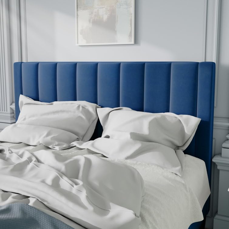 Image of HITHOS Modern Upholstered Queen Size Bed with Wingback Headboard | Wooden Double Bed Cot Palang Without Storage for Living Room Bedroom Home (Navy Blue) 1 Year Warranty