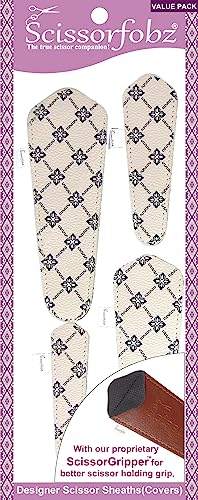 SCISSORFOBZ Designer Scissors Sheaths Shears Protective Covers-4 pcs Assorted Size Value Pack - Beige & Black Floral Diamonds Design-#4-242
