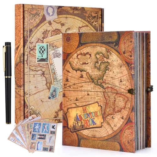 My Adventure Book Scrapbook – Retro-Style Embossed Photo Album with 124 Pages, DIY Memory Travel Journal for Couples, Anniversary, Wedding, and Valentine's Day Gifts(World Map Adventure Style)