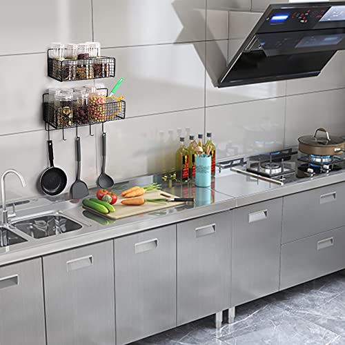 Livabber Adhesive Shower Caddy Basket Shelf With Hooks, All Metal Bathroom Organizer Shelf Rustproof Storage Basket No Drilling Wall Mounted, 2-In-1 Space Saving Kitchen Spice Racks, 2 Pack, Black #TOP5