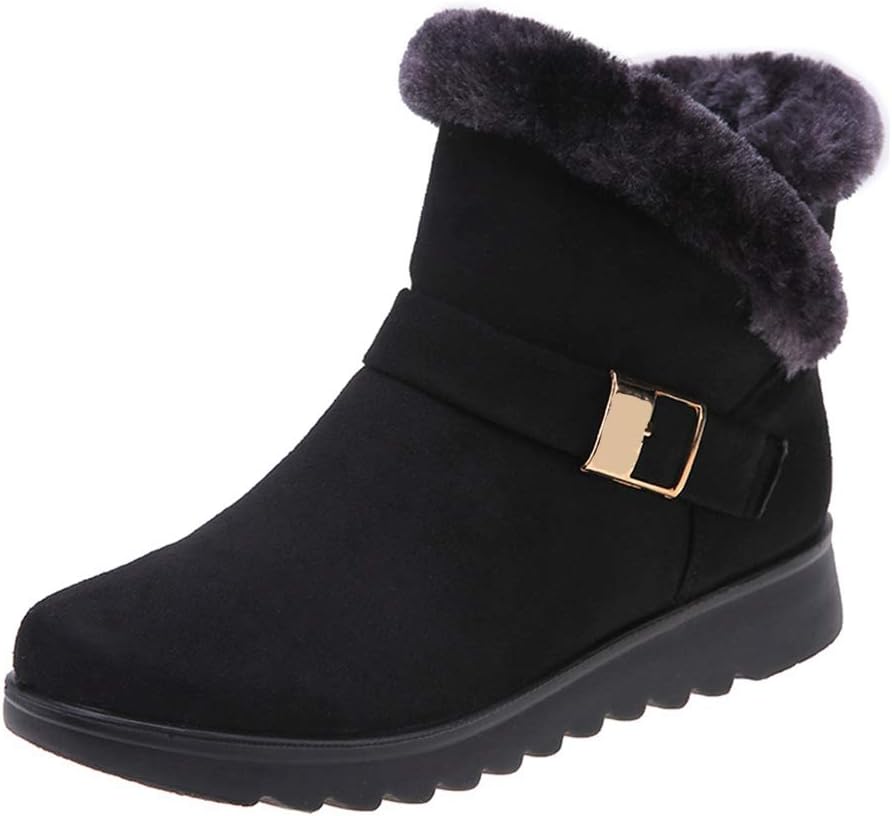 MIOKE Women's Winter Fur Snow Ankle Boots Buckle Suede Waterproof Zipper Anti-slip Warm Snow Short Booties