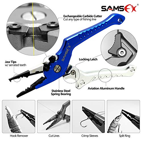 SAMSFX Aluminum Fishing Pliers Hook Remover Braid Line Cutter with Coiled Lanyard, Fly Fishing Knot Tying Tool & Retractors (Silver & Blue Handle, Split Ring Nose) - Thumbnail 2