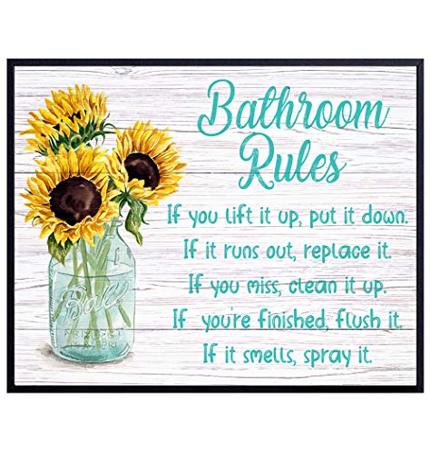 Bathroom Rules Wall Decor - Sunflower Wall Decor - Rustic Country Farmhouse Bathroom Decor - Powder Room Decor - Funny Blue Bathroom Decor - Restroom Sign - Bath Wall Art - Decorations - Unframed 8x10 Bathroom Rules Wall Decor - Sunflower Wall Decor - Rustic Country Farmhouse Bathroom Decor - Powder Room Decor - Funny Blue Bathroom Decor - Restroom Sign - Bath Wall Art - Decorations - Unframed 8x10