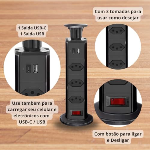 Torre de Tomadas Retrátil Multiplug de Embutir Mesa e Bancada com 3 tomadas, USB-C e USB. Filtro de