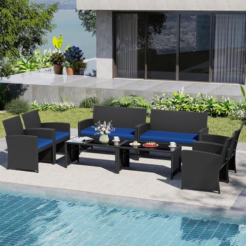 Image of Tangkula 8 Piece Patio Wicker Furniture Set, Outdoor Heavy Duty Rattan Cushioned Chairs, Loveseat and Tempered Glass Coffee Table, for Backyard, Balcony, Poolside
