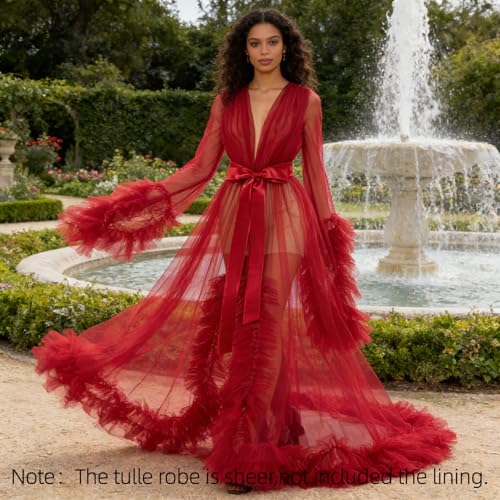 Image of Women's Long Bridal Robes Tulle Lingerie Maternity Bathrobe Photoshoot Illusion Wedding Scarf Party Nightgown