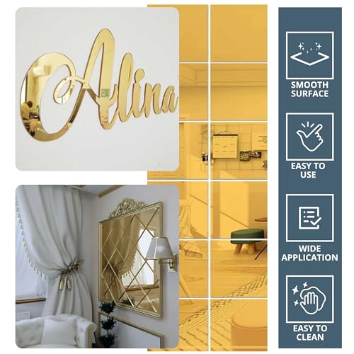 Image of Pack of 4 Acrylic Mirror Sheet 12x12'' - Gold Adhesive Acrylic Mirror Sheets 1 /8'' Thickness Cast Plexiglass with Film Masking for Design DIY Craft