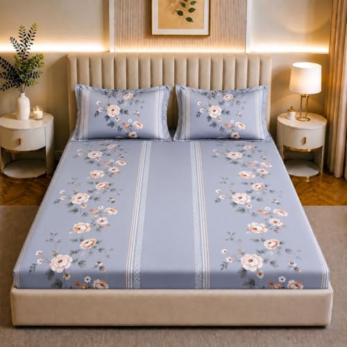 Image of Castiqa Elastic Fitted Supersoft Premium Polycotton 200TC King Size Bedsheet with 2 Pillow Covers (Fits up to 8 Inches Mattress) (L8 Blue, Full 72x78x8 Inch)