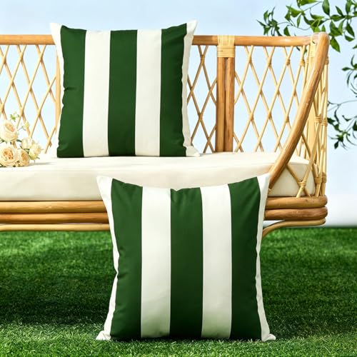 Image of Allorry Outdoor Pillow Covers 16x16 Set of 2 Dark Green Striped Decoration Throw Pillow Covers for Spring Summer Outdoor Waterproof Garden Patio Furniture Sofa Bed Home Decor JB007-M16