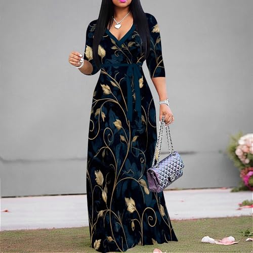 Image of SUZONANA Plus Size Dresses for Women Print Maxi Dresses Flowy 3 /4 Sleeve with Belt