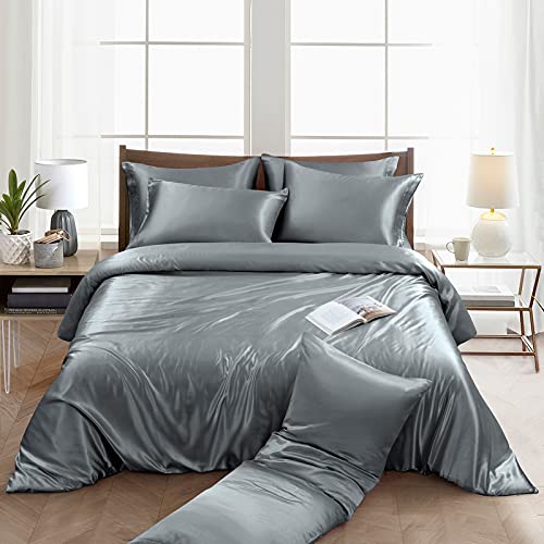 Image of Ersmak 6 Pieces Satin Duvet Cover Full /Queen Size Luxury Silky Bedding Duvet Cover Set with 1 Soft Duvet Cover, 4 Queen Pillowcases and 1 Body Pillowcase, Grey