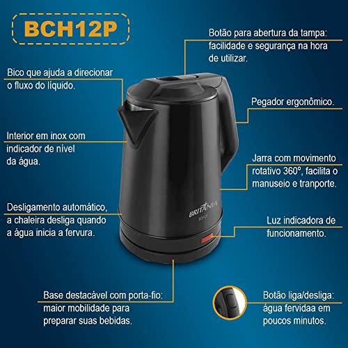Chaleira Elétrica Britânia, Preta, Acabamento em Aço Inox, 1,9L BCH12P 127V