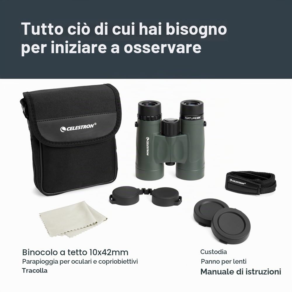 Celestron 71333 Binocolo Nature DX 10x42 mm con obiettivo multistrato, vetro a prisma BaK-4 e custodia per il trasporto, verde