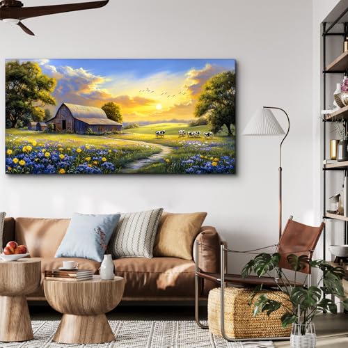 crmotu Farmhouse Wall Art, Landscape Wall Art, Large Wall Decor, Spring Nature Painting Canvas Prints, Rustic Sunset Oversized Artwork, Country Pictures for Living Room Dining Room Cottage Farm 30X60 In