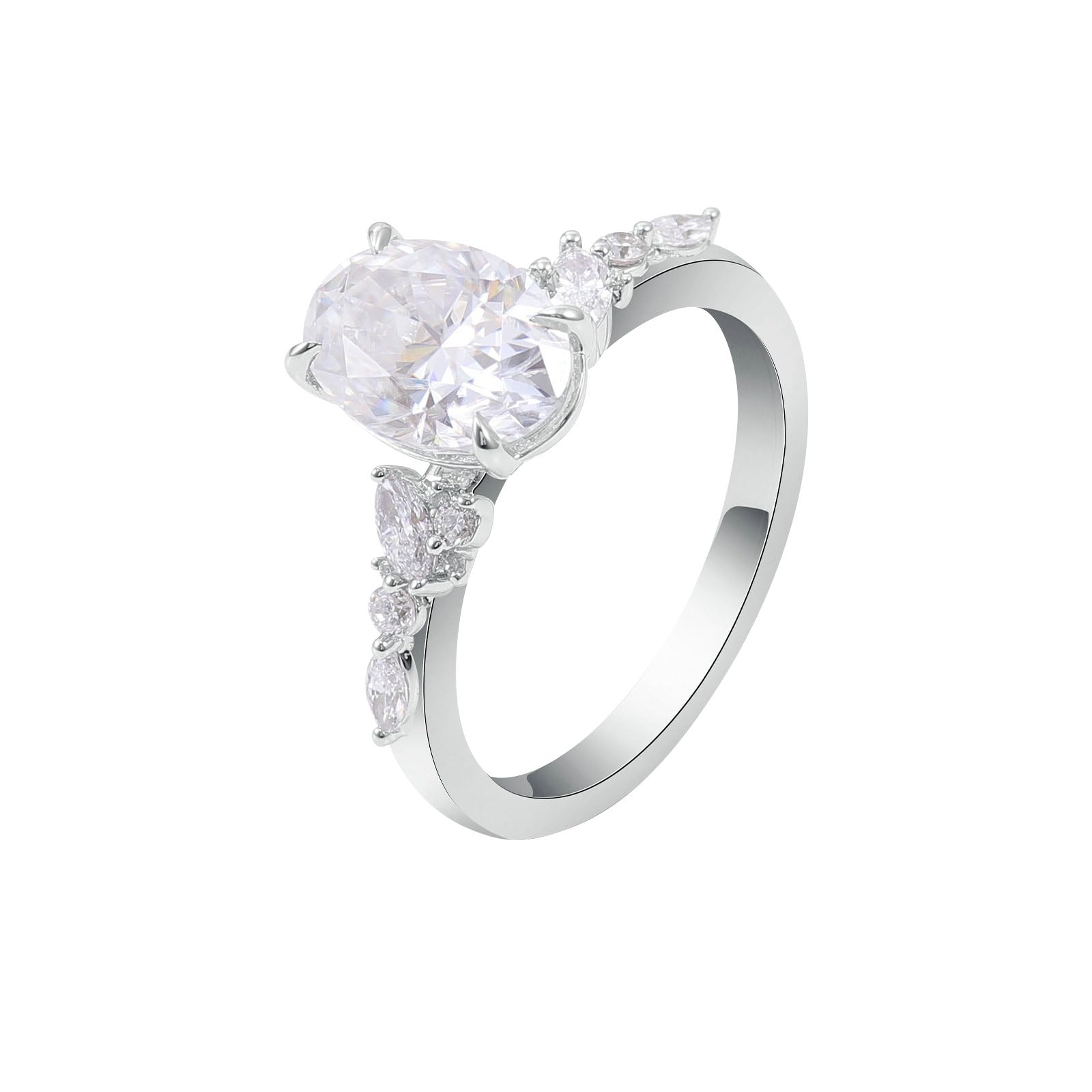 Set di anelli di fidanzamento, da donna, con moissanite ovale bianca, in oro bianco 18 carati, misura 45 (14,3)