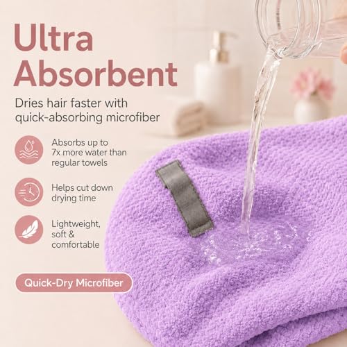 Image of Large Hair Towel Wrap for Women, Quick-Dry Turban, Ultra Absorbent & Anti-Frizz, Ideal for Long, Thick & Curly Hair, Soft Lightweight Microfiber Drying Towel (24x42, Purple)